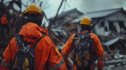 Two rescue workers wearing orange protective gear and helmets are walking through a disaster zone. Assessing the damage after a natural disaster. With debris and destroyed buildings in the background