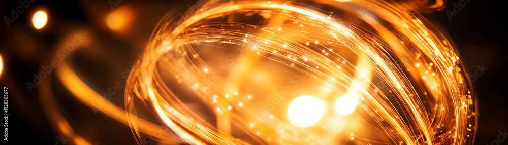 Poster abstract glowing orb made of luminous particles and swirls of light in a dark background.