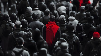 Obraz premium A grayscale busy train station, where one traveler in the crowd wears a vivid red scarf, making them stand out in the chaos