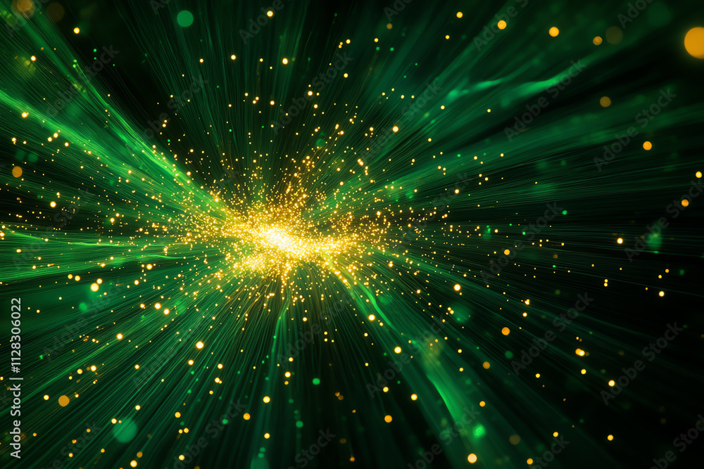 Poster vibrant abstract light rays with sparkling particles in a cosmic green space.