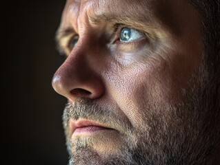 close-up portrait of a thoughtful man with intense gaze