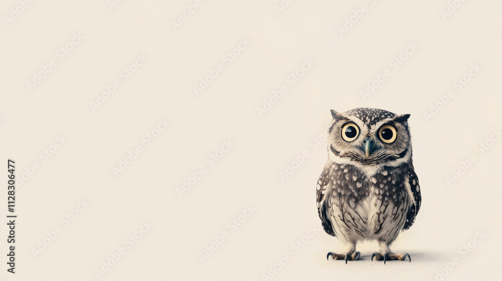 Poster a quirky owl with a comical, surprised expression, perched gracefully, set against a minimal white b