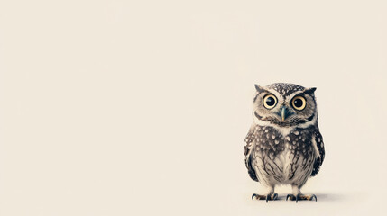 A quirky owl with a comical, surprised expression, perched gracefully, set against a minimal white background with generous copy space for text or design elements