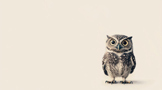 A quirky owl with a comical, surprised expression, perched gracefully, set against a minimal white background with generous copy space for text or design elements