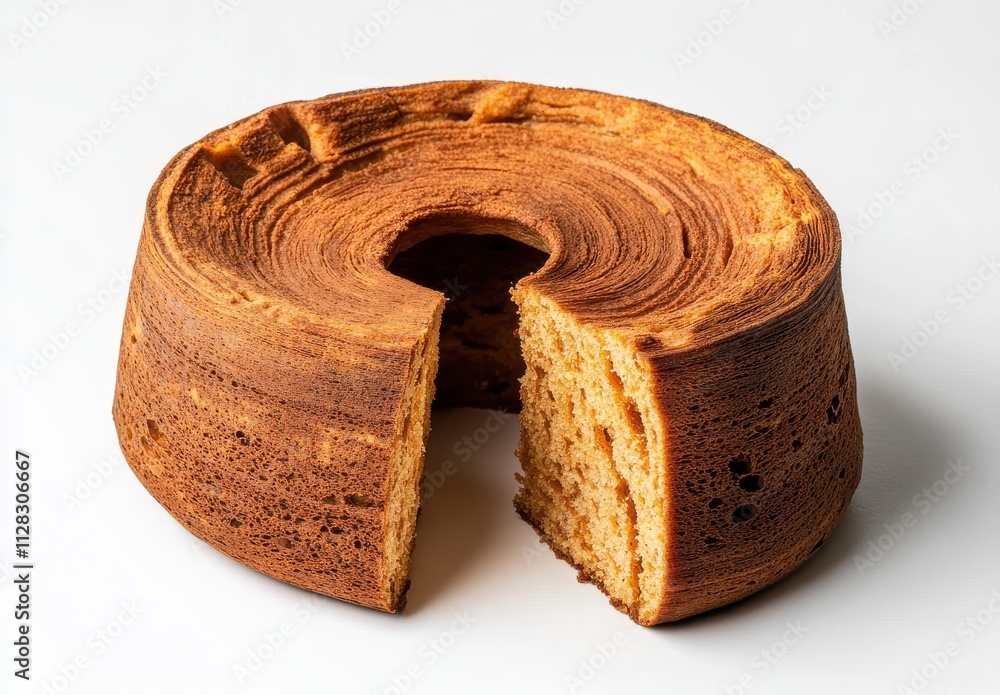 Poster deliciously layered cake with a unique circular shape and a slice removed, showcasing its rich textu