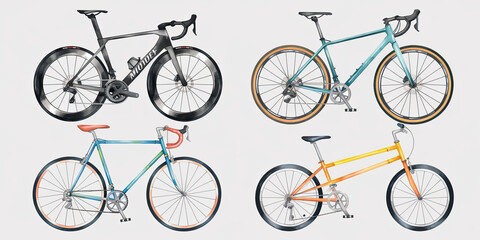 Watercolor Bikes Collection Road Gravel City Folding Bicycle Illustration