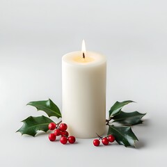 A clean white-style image of A Christmas candle with holly and berries around the base. 