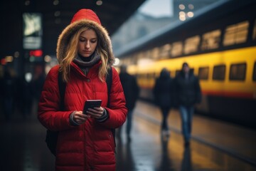 Fototapeta premium Woman train station with an electronic boarding pass and backpack, train station platform background