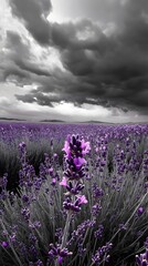 Fototapeta premium A grayscale field of lavender under a stormy sky, with a single plant vividly purple in the foreground