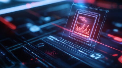 Futuristic digital interface with glowing data and analytics visualization.
