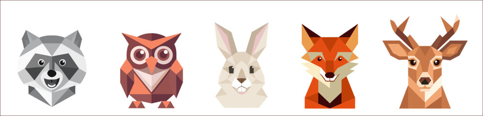 Fototapeta premium Forest Animals racoon, owl, rabbit, fox and deer geometric illustration