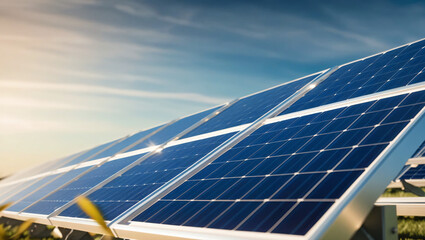 Solar power plant panel close-up view background. Electric solar battery station panels cells. Clean ecological electricity production, renewable energy concept.