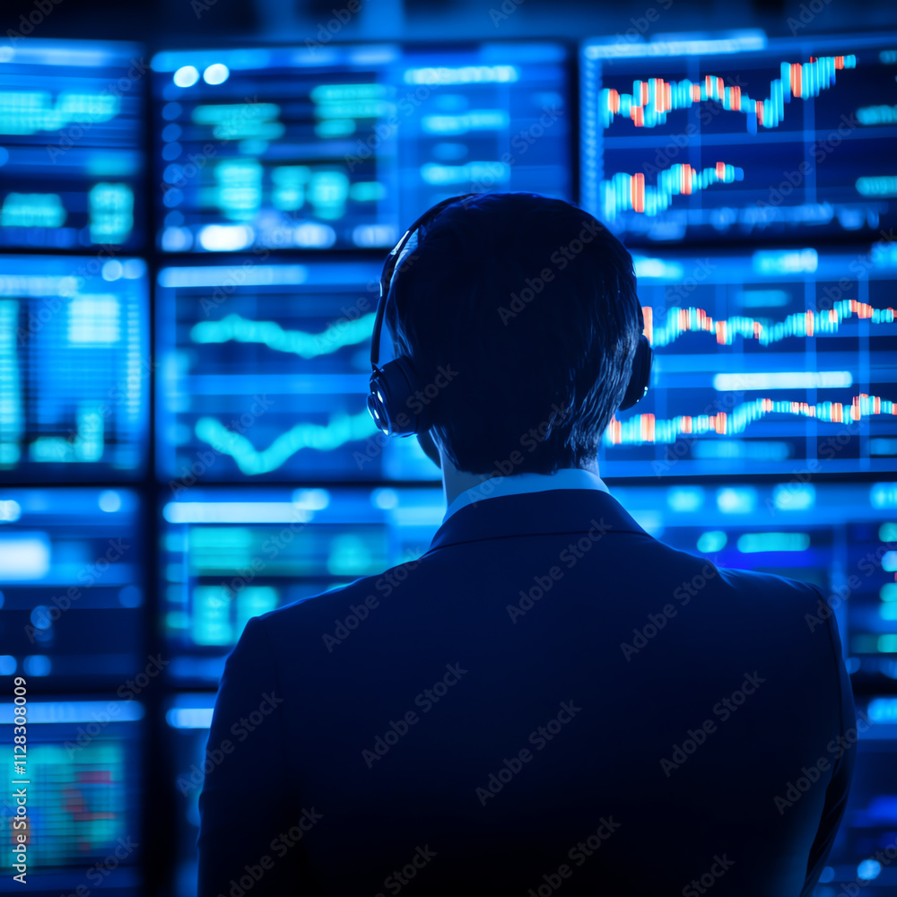 Aufkleber a trader analyzes market data with multiple screens in a modern trading environment.