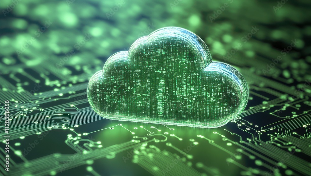 Poster digital cloud computing concept representing technology innovation with green tones and circuit boar