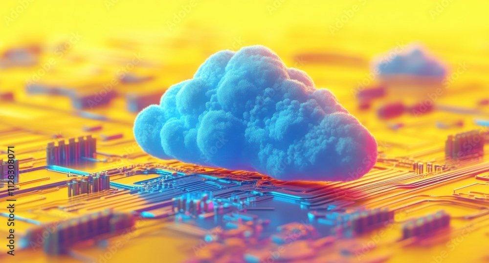 Poster digital cloud computing concept over abstract circuit background, symbolizing technology, data stora