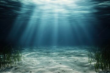 Underwater scene with light rays and sandy floor.