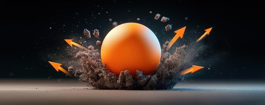 Dynamic 3D rendering of a cannonball in motion, with force vectors, velocity arrows, and trajectory parabolas surrounding it, symbolizing projectile motion