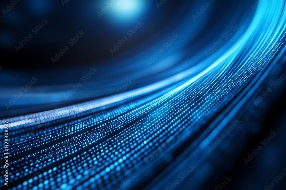 Poster futuristic blue digital wave representation with glowing dots and lines for tech themes.