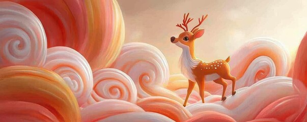 A whimsical reindeer prancing in a field of swirling colors, Painting, Holiday Joy