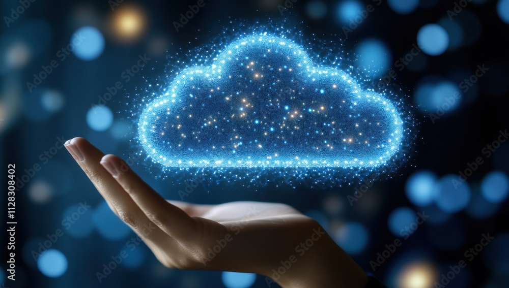 Poster digital cloud concept with glowing particles over an open hand against a soft blue background repres