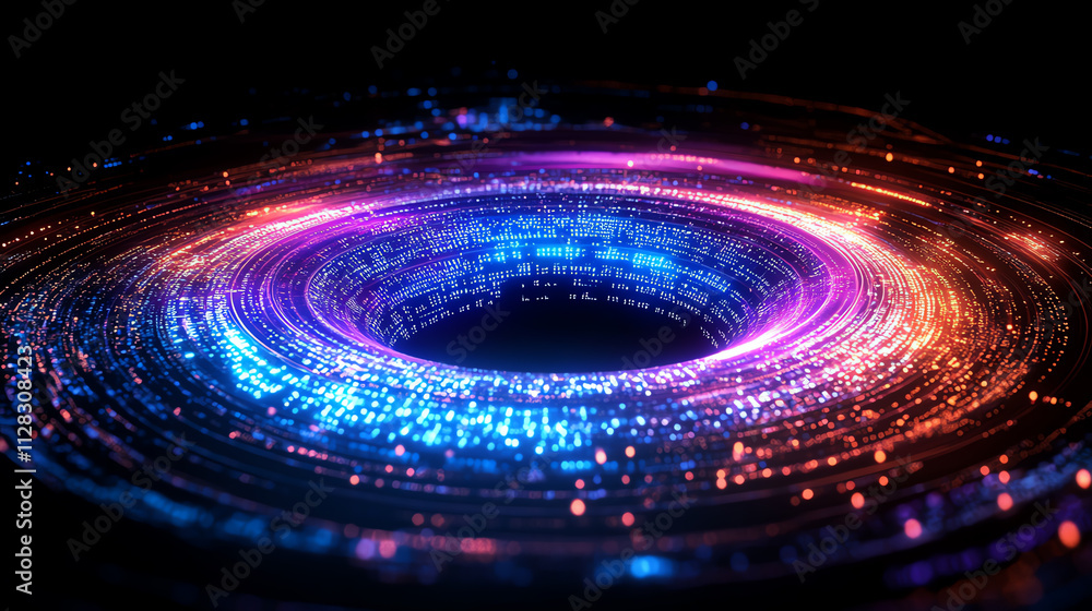 Poster a vibrant digital vortex of colorful light waves swirling in a mesmerizing pattern.