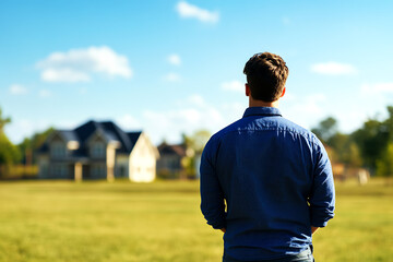 Fototapeta premium A man gazes at a distant house under a bright blue sky in a tranquil outdoor setting.