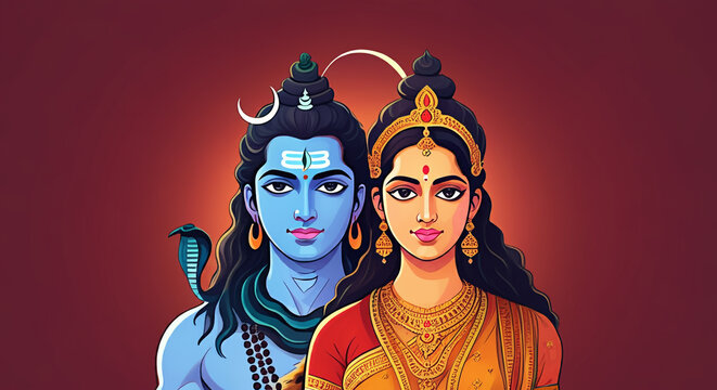 Lord Shiva and Parvati, the divine couple, radiating calm and power, symbolizing the balance of destruction and creation