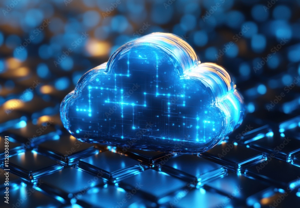 Poster digital cloud illustration with blue circuit pattern on a futuristic background featuring a data net
