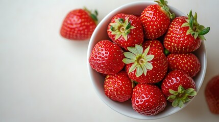 top down view of plain white ceramic bowl filled with fresh strawberries centered on clean white background