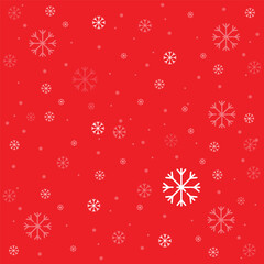 Snow red background. Christmas snowy winter design. White falling snowflakes, abstract square. Cold weather effect. 