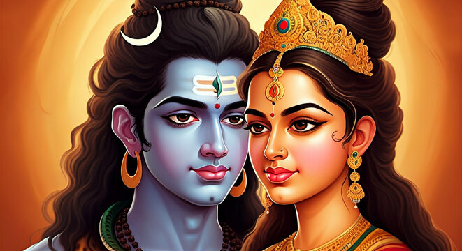 A close-up of Lord Shiva and Goddess Parvati, showcasing their profound bond and spiritual connection