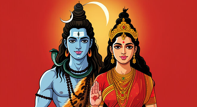 Lord Shiva and Goddess Parvati portrayed in perfect harmony, representing balance and cosmic energy