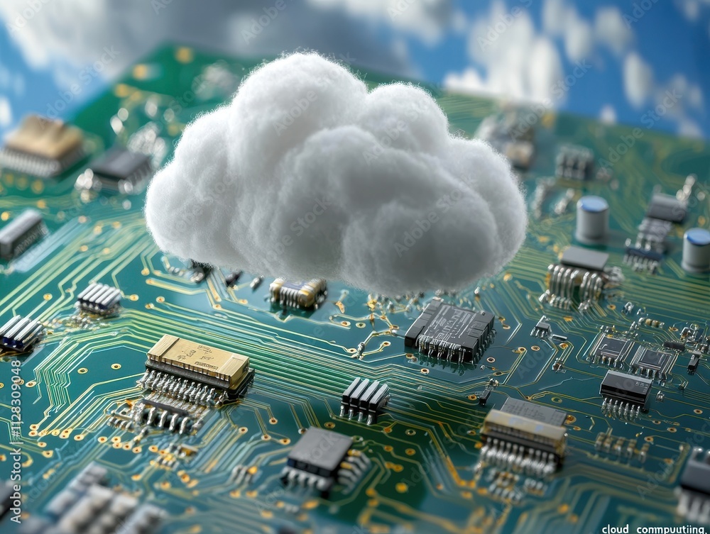 Poster digital cloud represented above a circuit board, symbolizing modern technology, data storage, and th