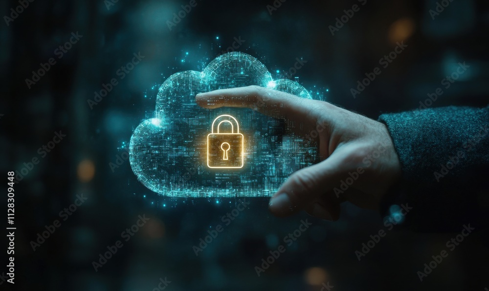 Poster digital cloud storage security concept with a glowing padlock symbolizing data protection and cybers