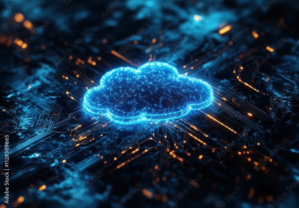 Poster digital cloud technology concept with bright neon light on circuit board background representingdata