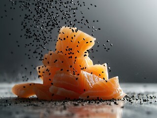 A close-up of salmon pieces topped with black seeds, showcasing culinary art.
