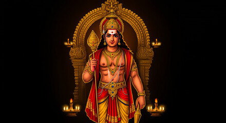 A vibrant depiction of Lord Murugan with a sacred spear and golden ornaments, symbolizing divine valor, wisdom, and spiritual leadership
