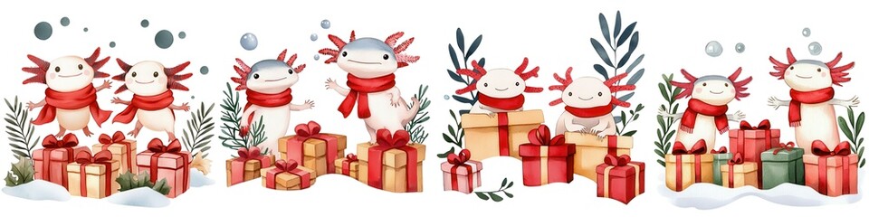 Nursery Watercolor Animal Xmas Theme Concept. Festive playful reindeer surrounded by colorful presents, perfect for holiday themes, isolate on white background set