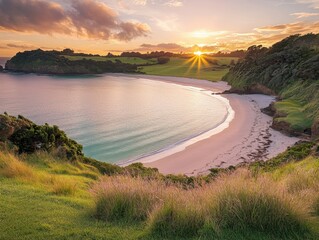 serene beach at sunset with gentle waves and lush greenery