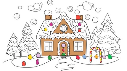 A clean white-style image of A gingerbread house decorated with icing, candies, and gumdrops in line art. 