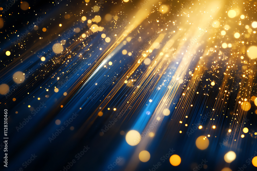 Poster bright and vibrant abstract light rays with sparkling bokeh effects in blue and gold.