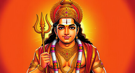Obraz premium A vibrant depiction of Lord Murugan holding a trident, symbolizing divine power, valor, and leadership in Hindu mythology