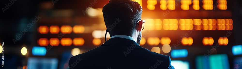 Poster a businessman analyzing data with digital screens displaying financial information.