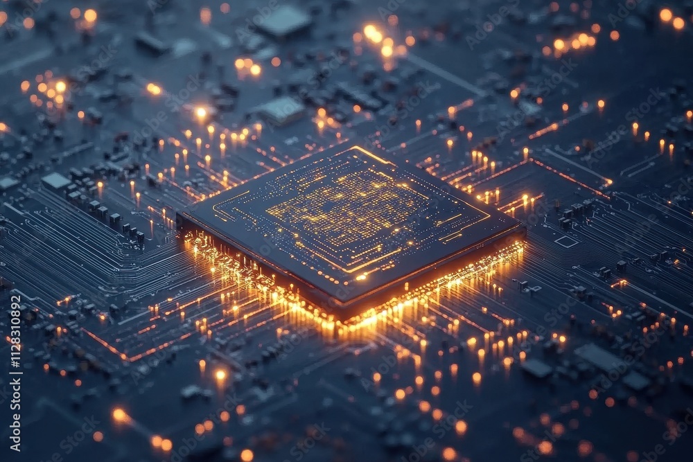Poster close-up of glowing cpu on circuit board. illustrates technological advancement, computing power.