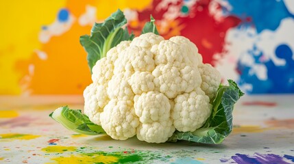 Cauliflower with colorful paint splatters behind it