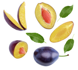 fresh plum fruit with green leaf and cut plum slices isolated on white background. clipping path
