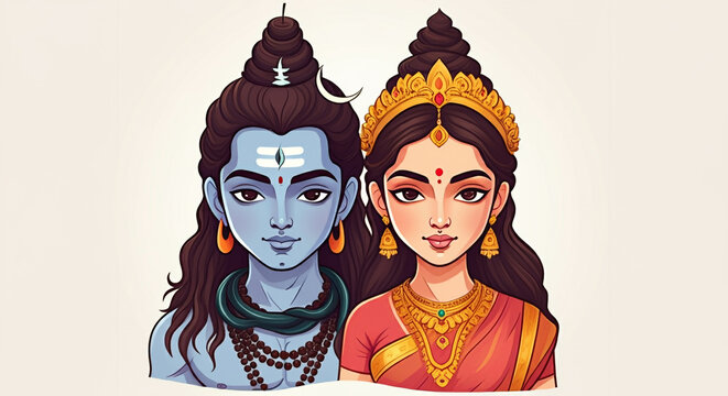 Lord Shiva and Goddess Parvati depicted with calm expressions and adorned with golden details, symbolizing divine strength and harmony