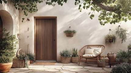 Cozy Courtyard Entrance with Rustic Charm and Lush Greenery