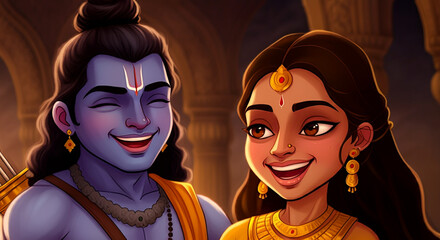 Lord Rama and Goddess Sita sharing a joyful moment, symbolizing love, happiness, and their eternal bond
