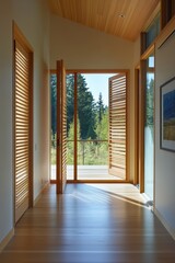 Obraz premium Serene Wooden Hallway with Panoramic Forest View